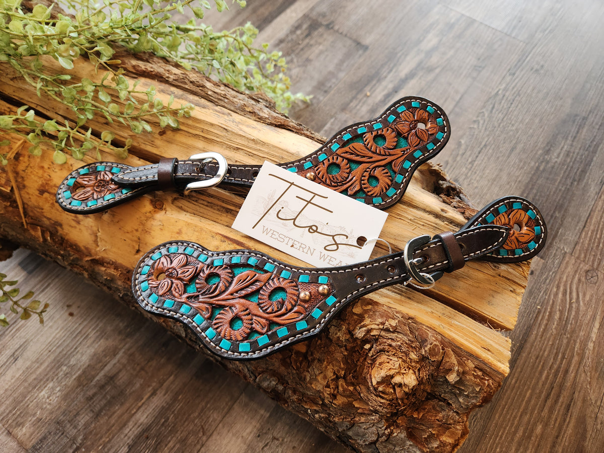 HAND TOOLED TURQUOISE FLORAL SPUR STRAP