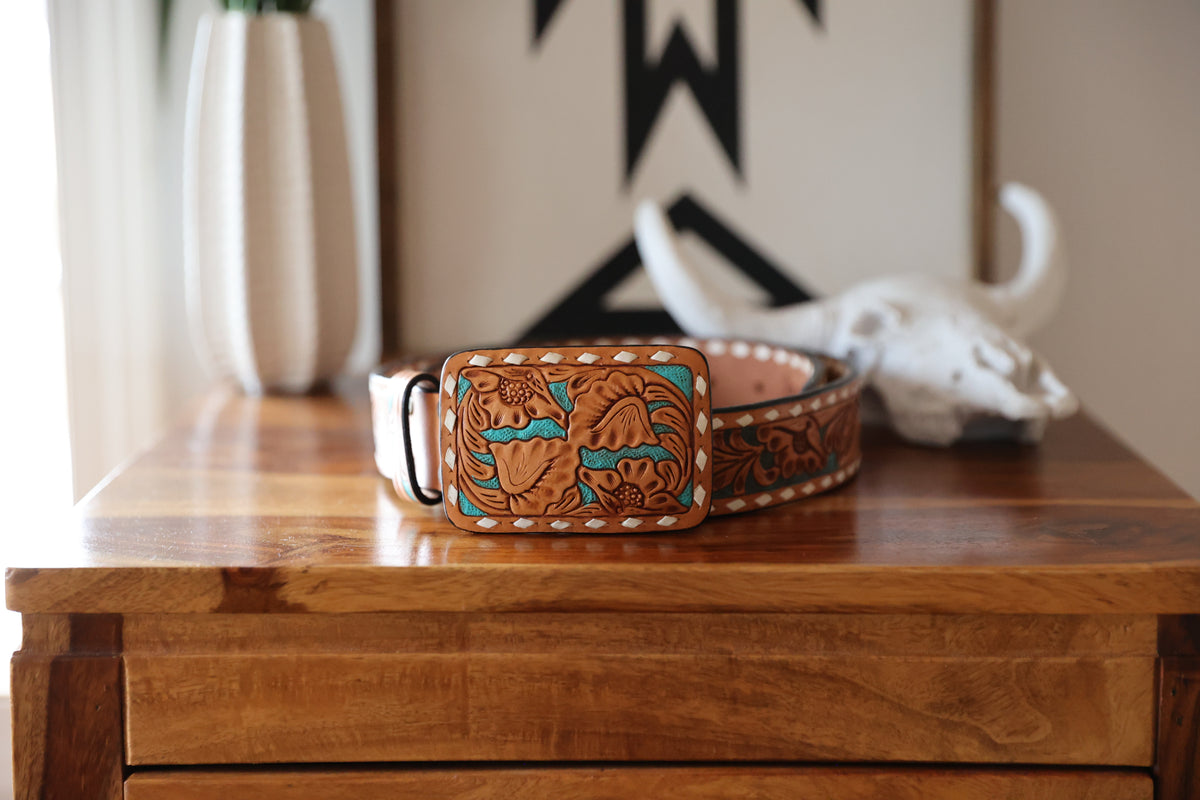 HAND TOOLED BROWN + TURQUOISE BELT