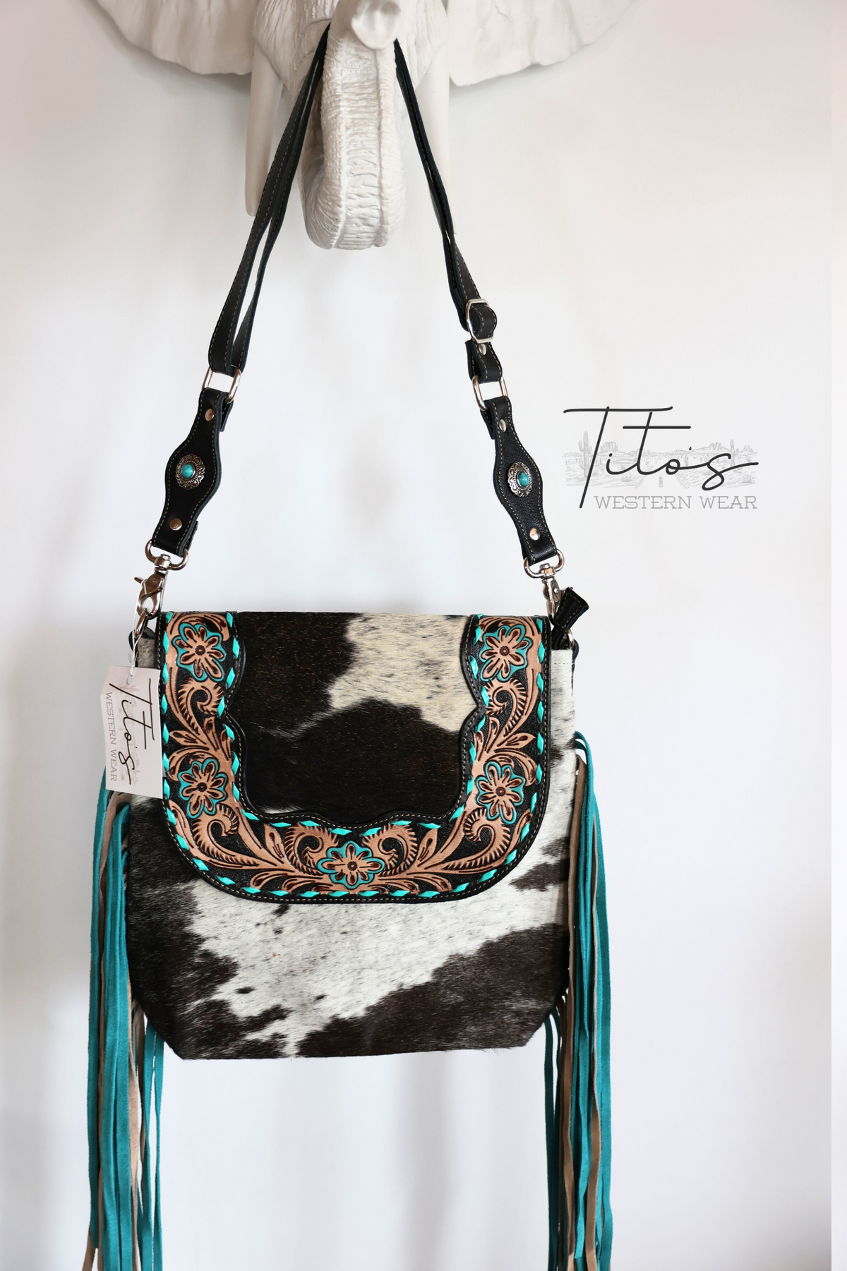 TURQUOISE FRINGE FULL HAIR ON PURSE WITH GEM STRAP